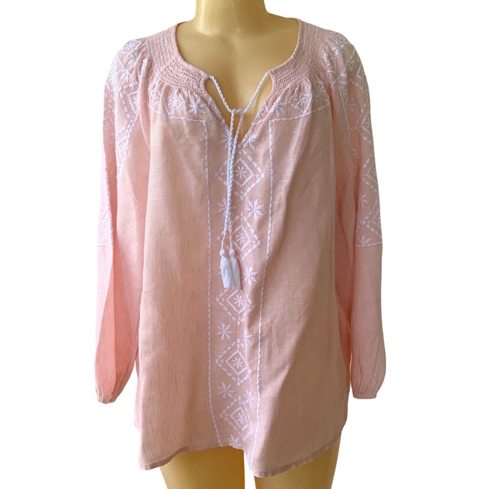 Joie Womens L 100% Linen Pink Embroidered Peasant Blouse Boho Tassel Tunic